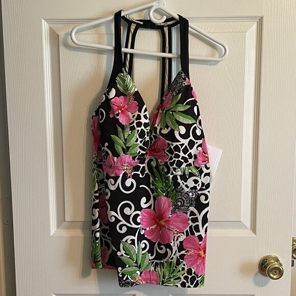 NWT FIT 4U WOMENS TANKINI Plus Sz 24W BLACK WHITE w PINK GREEN FLORAL PRINT 1143 - Picture 4 of 12